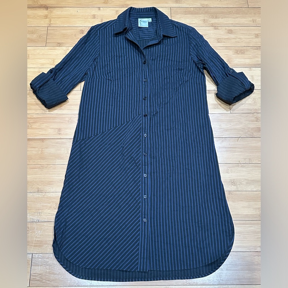 Finley Jody Textured Striped Shirt Dress Women’s S Roll Tab Sleeve Black/ Blue